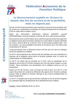 Communiqué FA-FP - Le Gouvernement expédie en 10 jours le dossier des fins de carrière et de la pénibilité, mais ne négocie pas