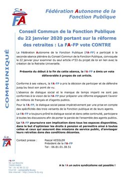 Communiqué FA-FP - Conseil Commun de la Fonction Publique du 22 janvier 2020 portant sur la réforme des retraites : La FA-FP vote CONTRE