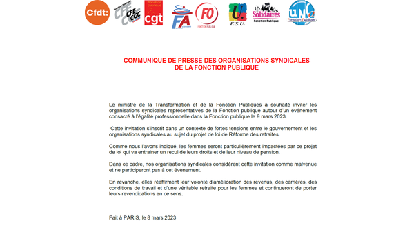 Egalité professionnelle femmes-hommes - Communiqué des organisations syndicales de la Fonction Publique